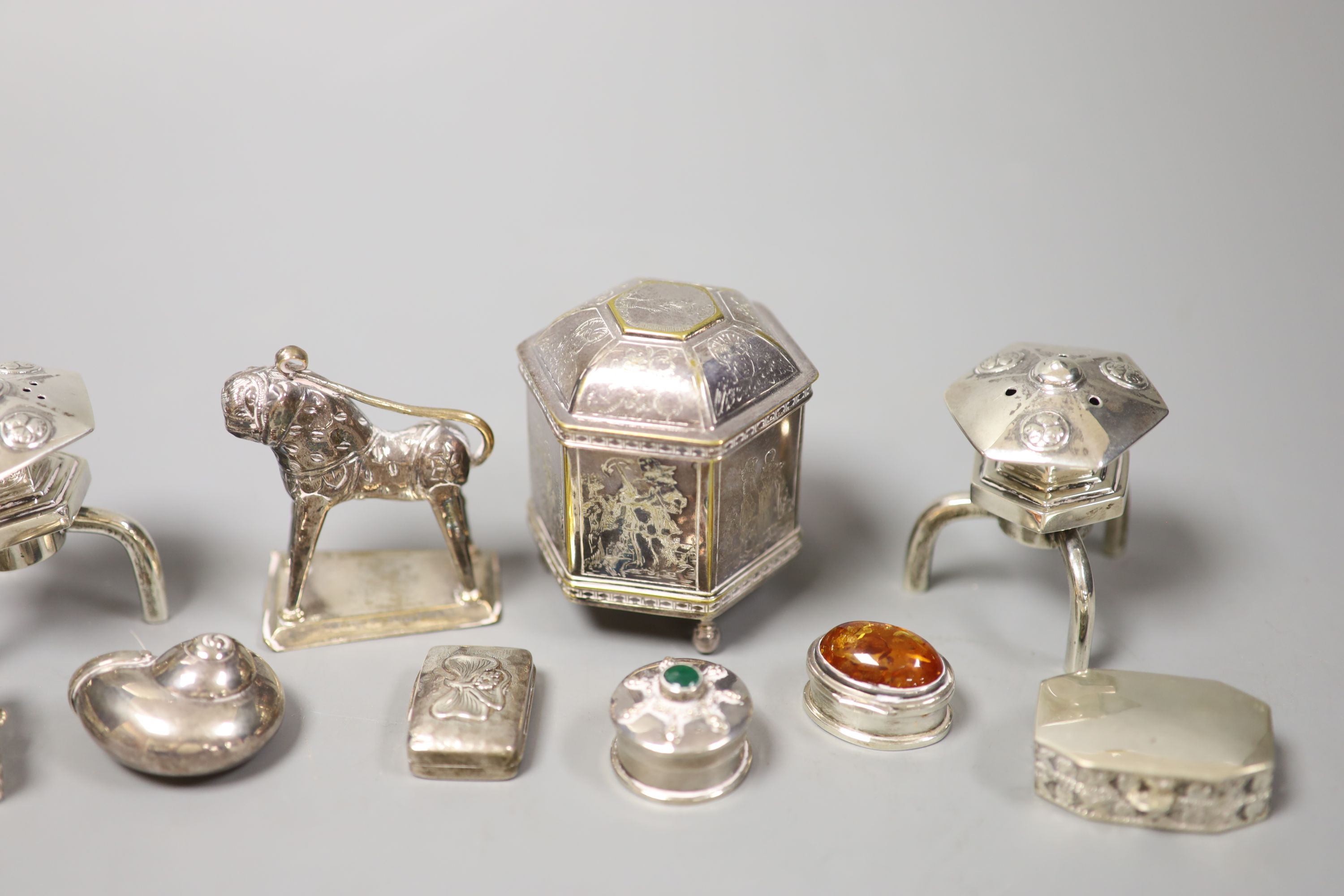 A collection of Chinese white metal and plated items, including six small boxes,